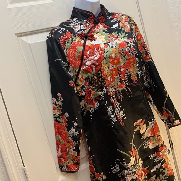 Laogudai 2 XL Black Red High Neck Long Sleeve Zip Back Asian Floral Maxi Dress - Picture 4 of 9